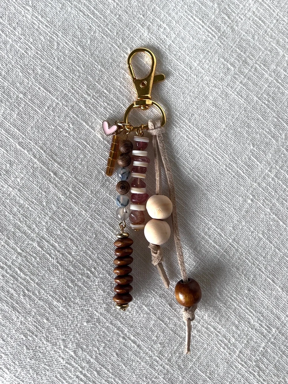 Pink Quartz + Wood Bag Charm | Feminine Boho | Handmade Keychain